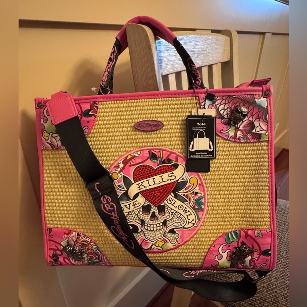 Ed Hardy Love Kills Slowly Straw Tote Bag Skull Rhinestone Tattoo Art Vegan NEW - Picture 5 of 16